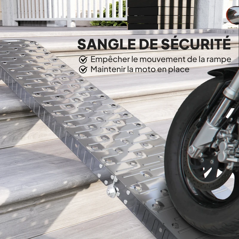 HOMCOM Rampe de chargement pliable 230 kg, rampe d'accès motos en acier galvanisé sangles de sécurité, 190 x 22 x 8 cm, argent