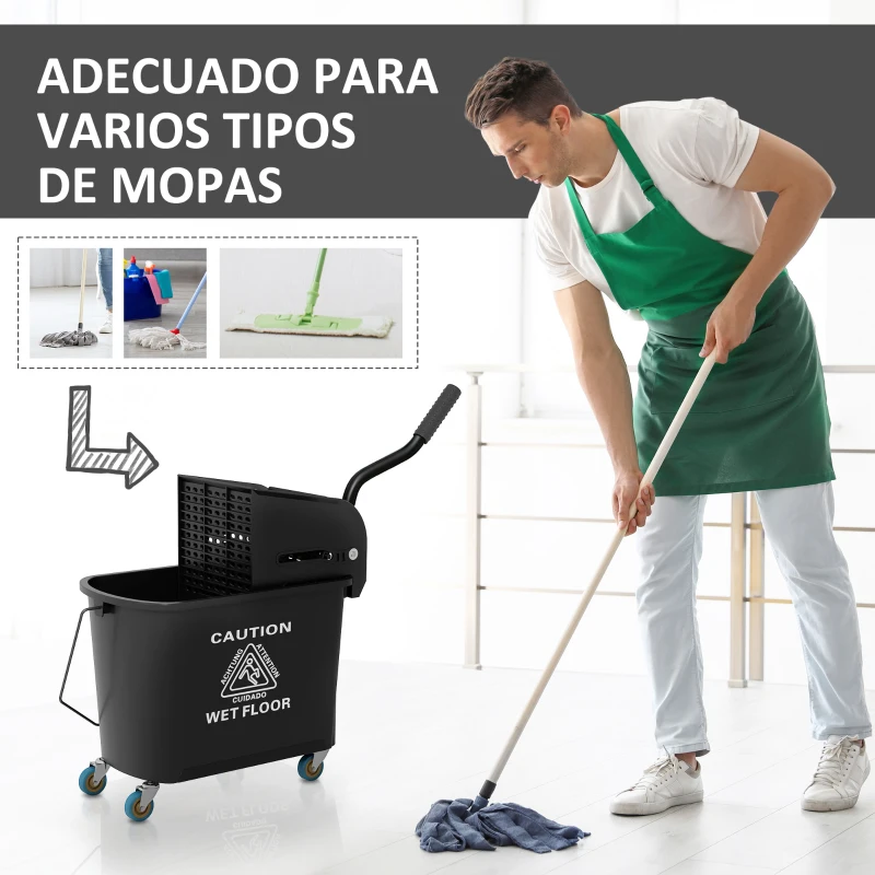 HOMCOM Cubo de Fregar 20L con Ruedas y Escurridor Cubo para Fregona con Separador de Agua 60x27x70,5 cm Negro