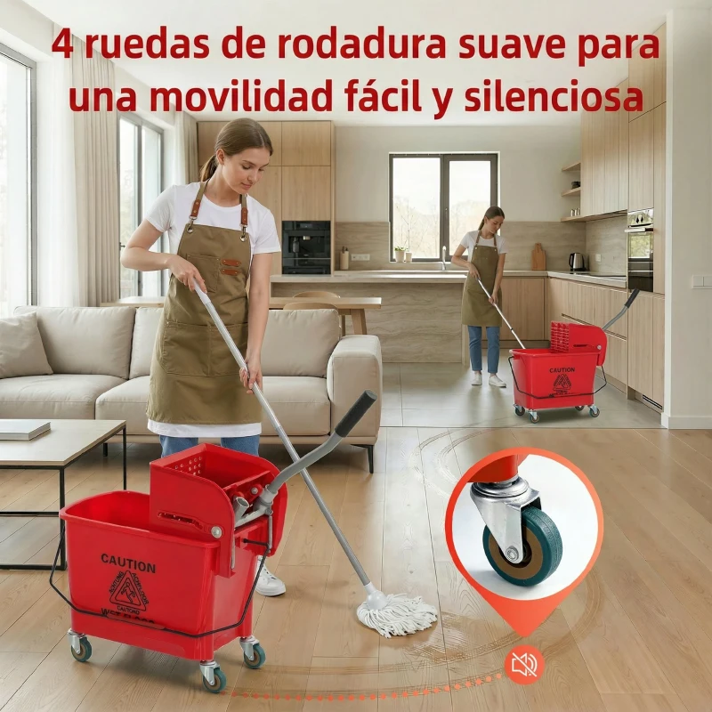 HOMCOM Cubo de Fregar con Escurridor Panel Separador y Ruedas Capacidad 20L para Limpieza Doméstica 45x26,5x70 cm Rojo