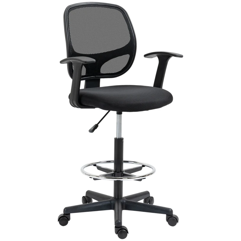 Vinsetto Chaise bureau ergonomique, chaise de dessin, repose-pieds, dossier en maille, hauteur réglable, 64x57x110-132cm, noir