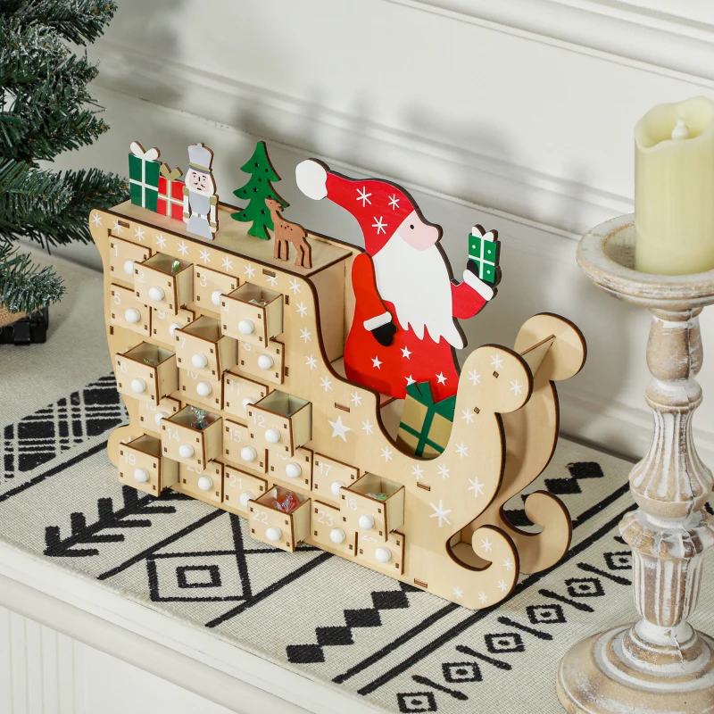 HOMCOM Calendario de Adviento de Madera con 24 Cajones Calendario de Navidad Reutilizable para Rellenar 22,5x8x36 cm Natural