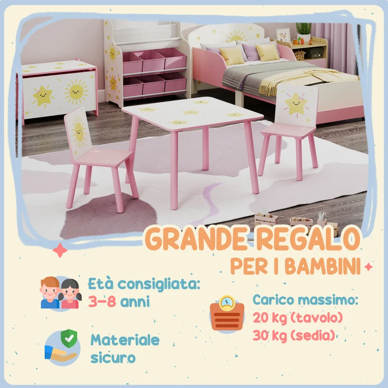 AIYAPLAY Set Arredo Cameretta con Tavolo e 2 Sedie per Bambini da 3-8 Anni con Fantasia a Stelle, Rosa