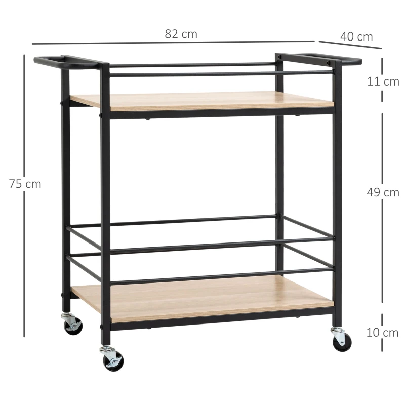 HOMCOM Chariot de service desserte de cuisine à roulettes avec 2 plateaux cadre en métal et aspect bois - dim. 82 x 40 x 75 cm