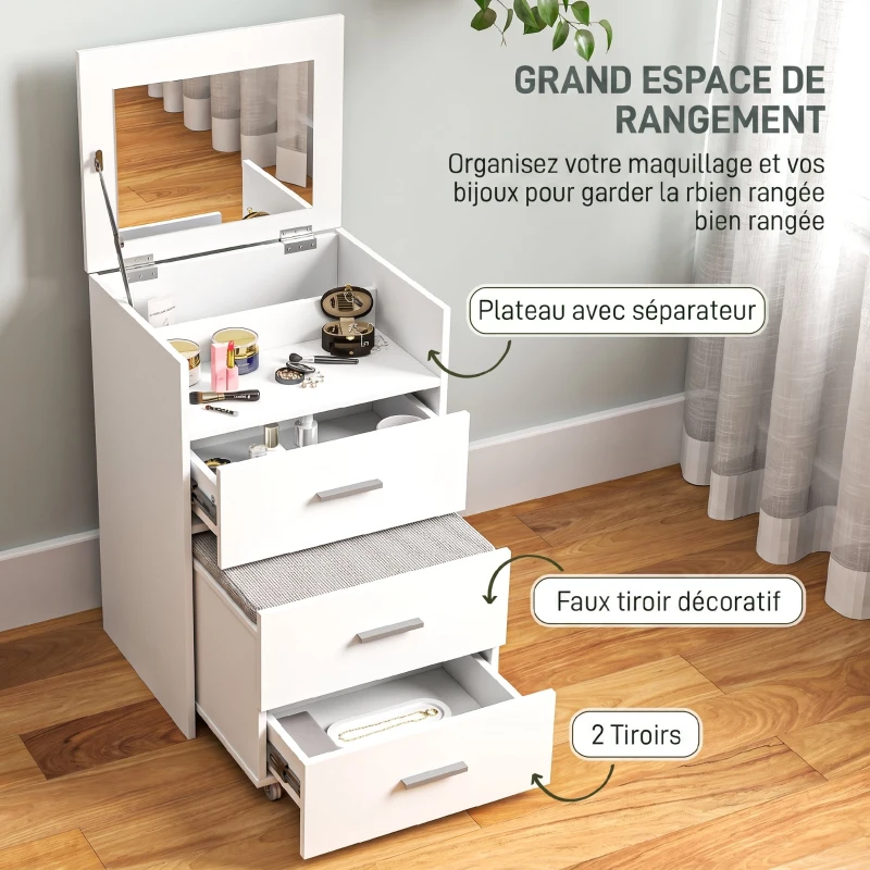 HOMCOM Coiffeuse avec miroir relevable et tabouret à roulettes, table de maquillage avec 2 tiroirs, coussin amovible, blanc(m-6)