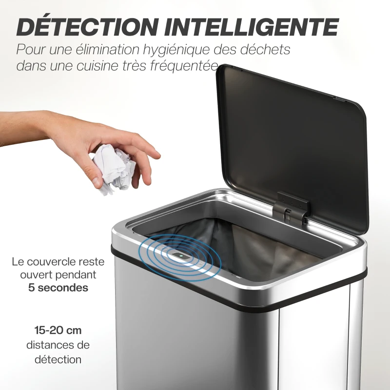 HOMCOM Poubelle à Capteur de 40L, Couvercle à Fermeture en Douceur, Poubelle de Cuisine Automatique Acier Inoxydable, Argenté