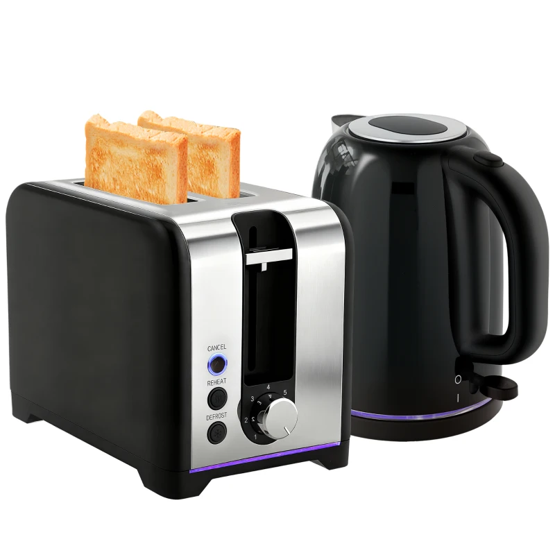 HOMCOM Simple Polished Toaster and Kettle Set - Black