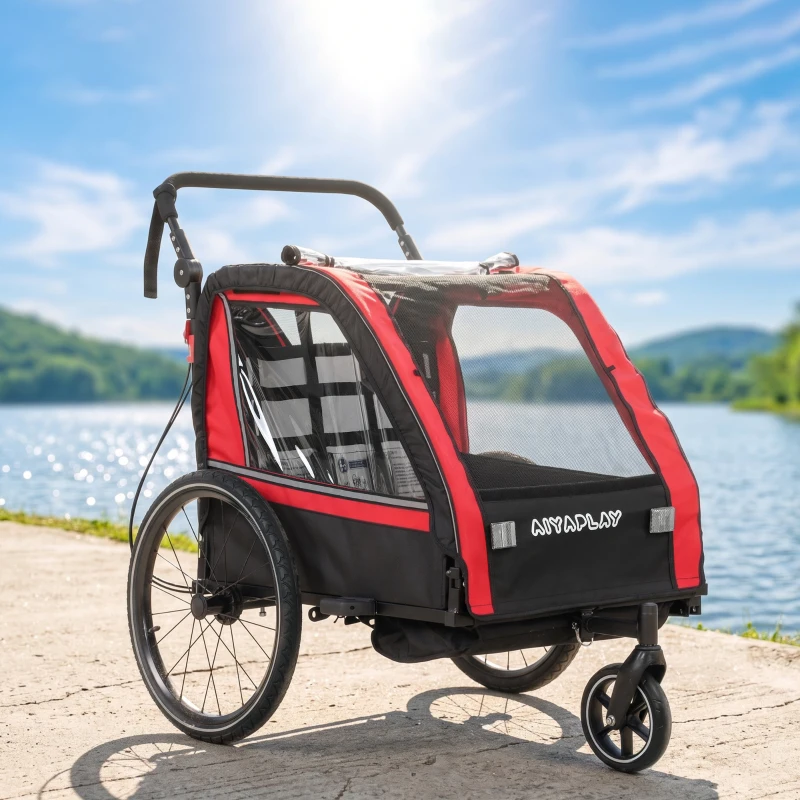 AIYAPLAY Remorque vélo enfant 2 en 1, poussette vélo bébé 2 places, guidon réglable, frein à main, ceinture de sécurité, rouge