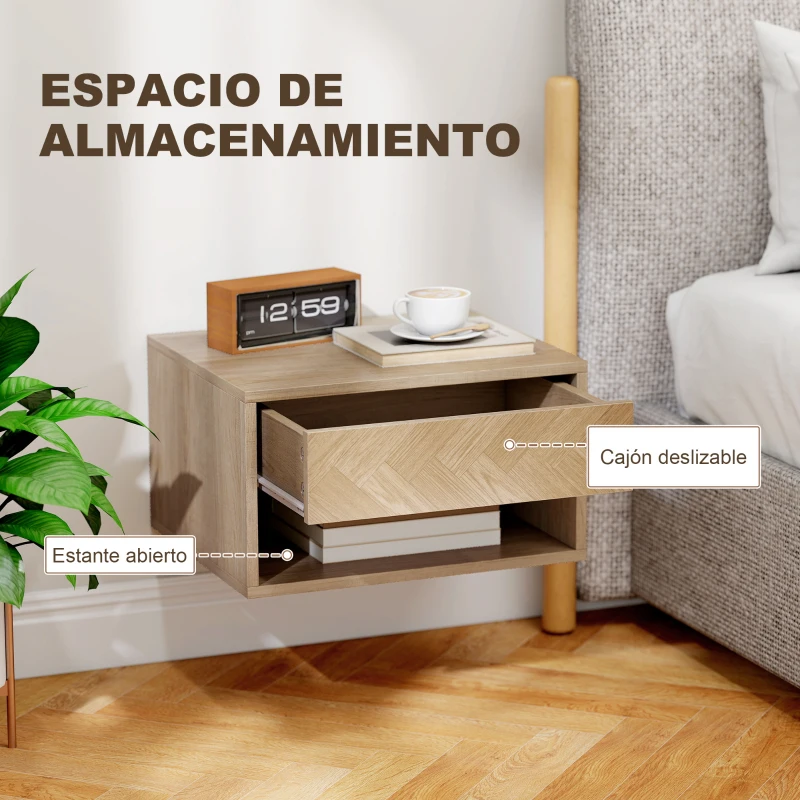 HOMCOM Juego de 2 Mesitas de Noche Colgantes Mesillas de Noche con Cajón y Compartimento para Dormitorio 37x32x21 cm Natural