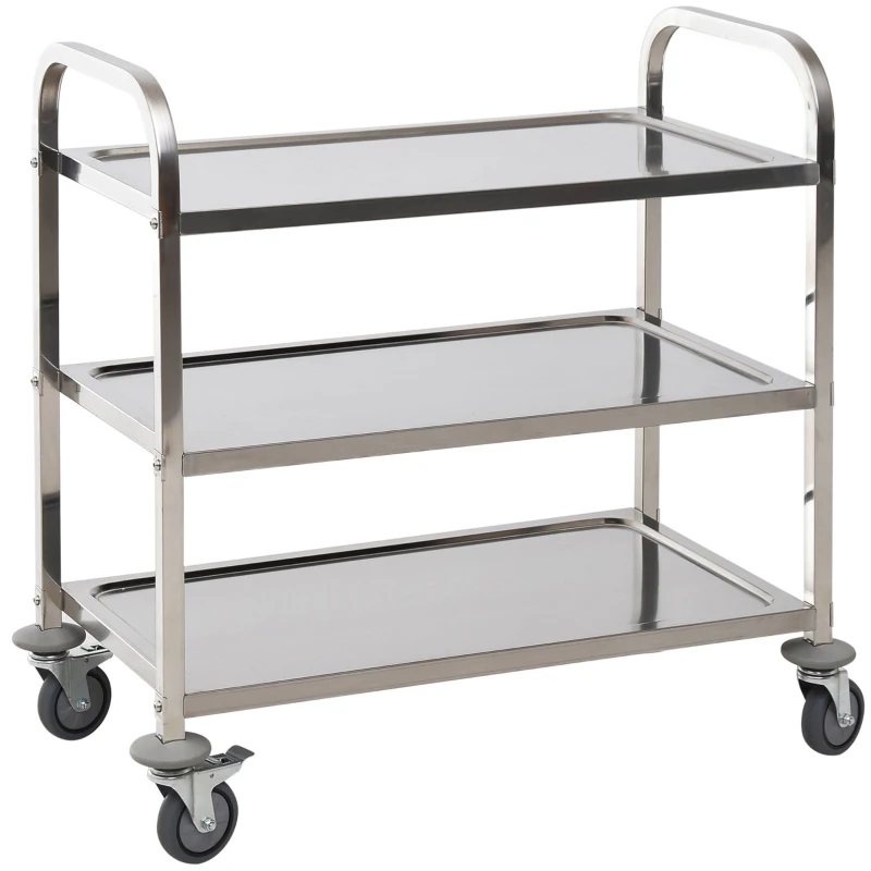 HOMCOM Desserte de cuisine à roulettes à 3 étagères, chariot de rangement en acier inox., chariot de cuisine et salle à manger, 90,5 x 50,5 x 88,2 cm, argenté