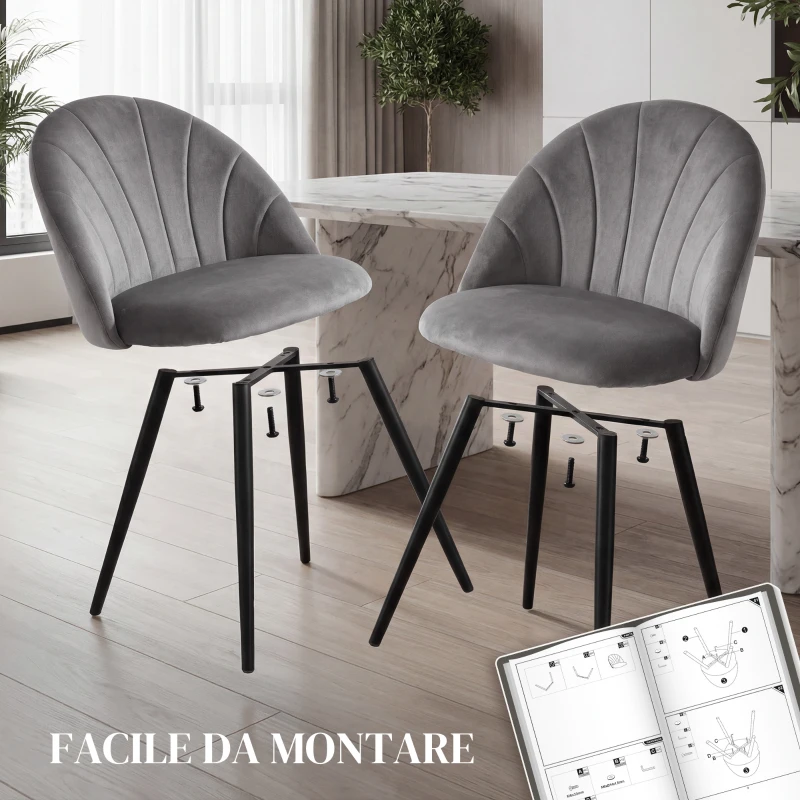 HOMCOM Set da 2 Sedie da Pranzo in Velluto Imbottite con Schienale a Conchiglia e Gambe in Metallo, Grigio