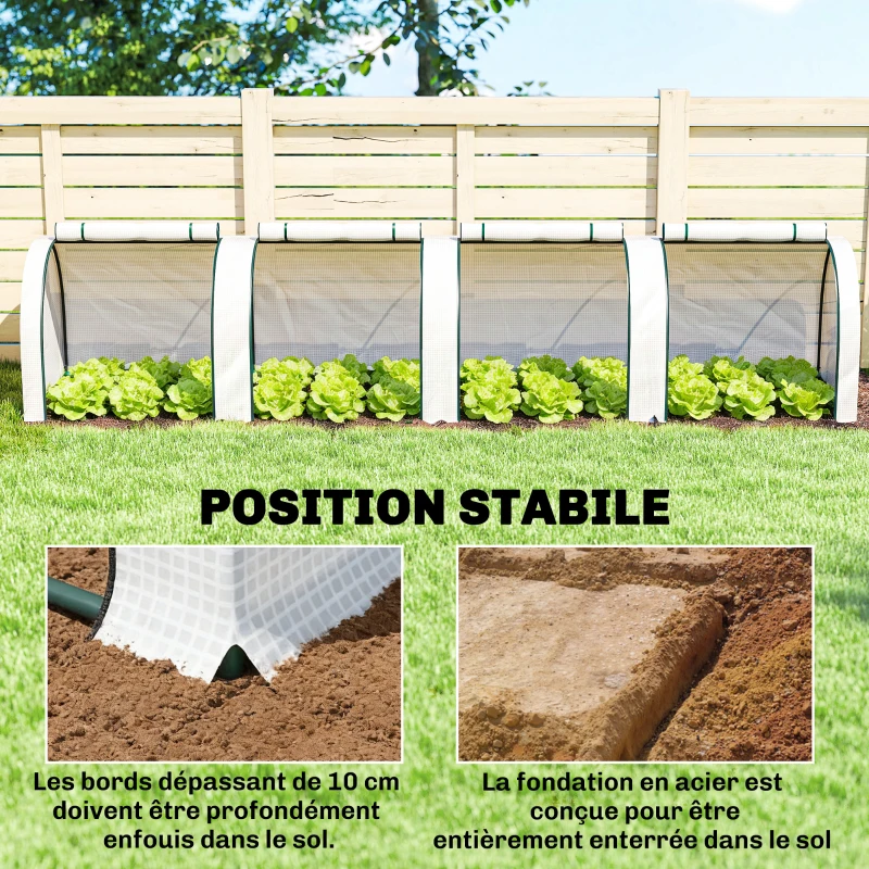 Outsunny Mini serre de jardin serre à tomates 4 x 1 x 0,80 m acier PE anti-UV 4 portes avec zip enroulables blanc
