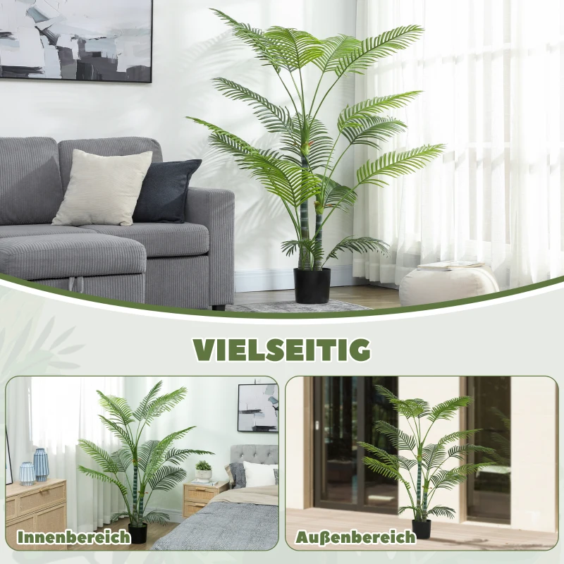 HOMCOM Künstliche Palme mit 16 Kunststoff-Blättern, UV-beständige Kunstpflanze mit Plastiktopf, für drinnen und draußen, Grün
