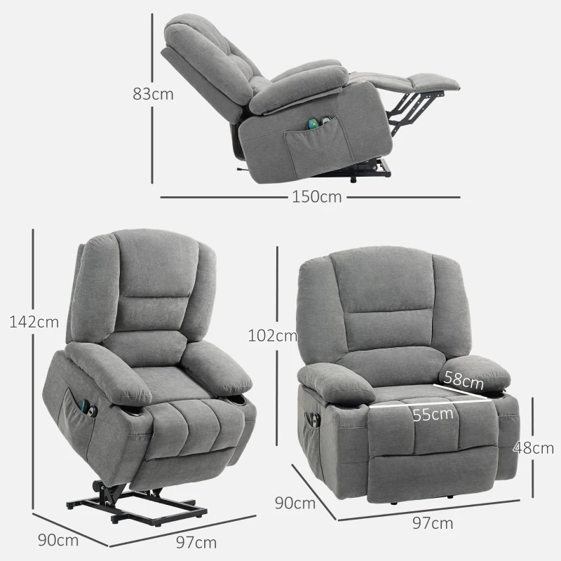 HOMCOM Fauteuil releveur relax électrique, fonction massage et chaleur, inclinaison réglable, repose-pied, télécommandes, gris