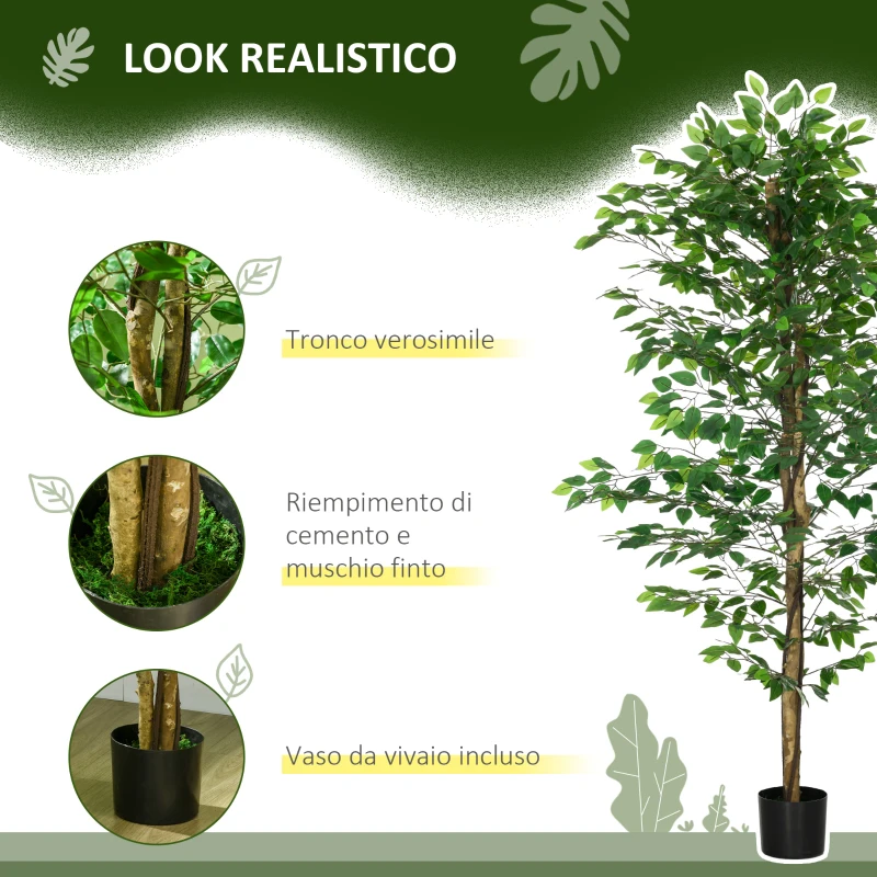HOMCOM Pianta di Ficus Artificiale da 180 cm per Interni con Vaso in Metallo Riempito, Verde