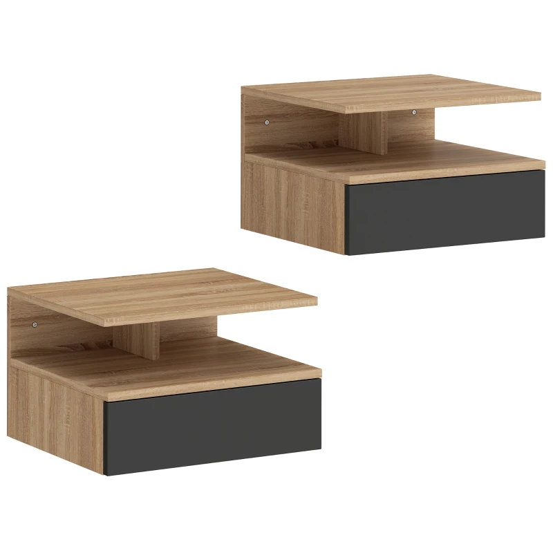 HOMCOM Lot de 2 Tables de Chevet murales - Lot de 2 Tables de Nuit - tiroir Coulissant, Niche, Plateau - Noir Chêne