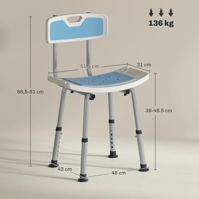 HOMCOM Silla Ducha Personas Mayores con Respaldo Altura Ajustable en 6 Posiciones Carga 136 kg para Ancianos y Discapacitados
