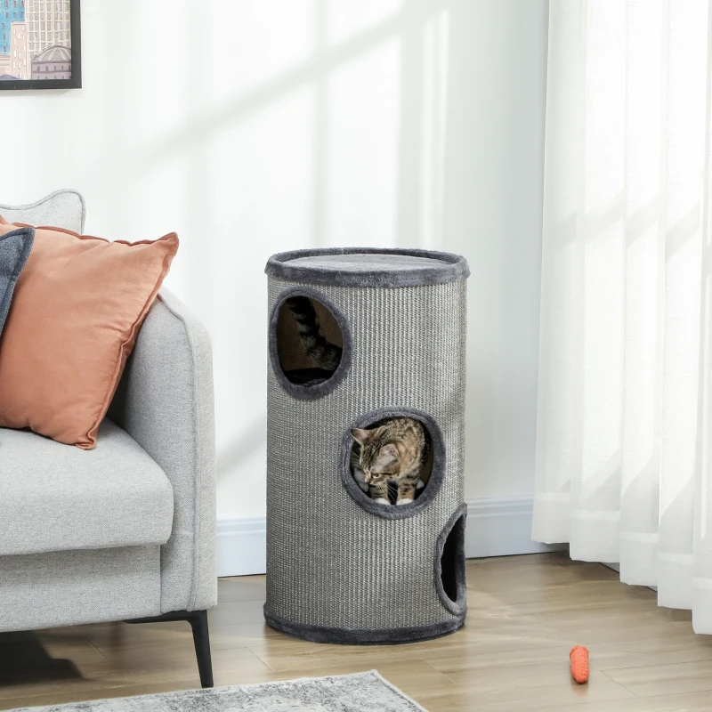 PawHut Tonneau à gratter pour chat, tour à griffer en sisal à 3 niveaux recouvert de peluche, Ø 38 x 70 cm, gris clair
