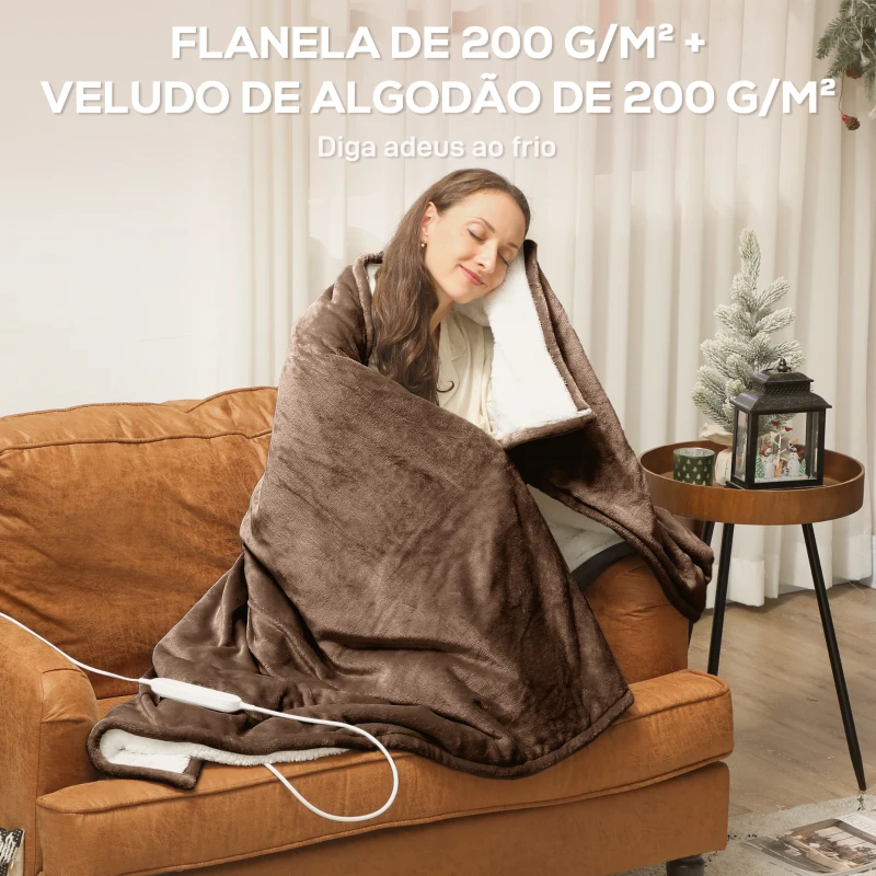 HOMCOM Manta Elétrica 180x130 cm Manta Térmica com Tecido Suave 10 Níveis de Temperatura e Temporizador Marrom