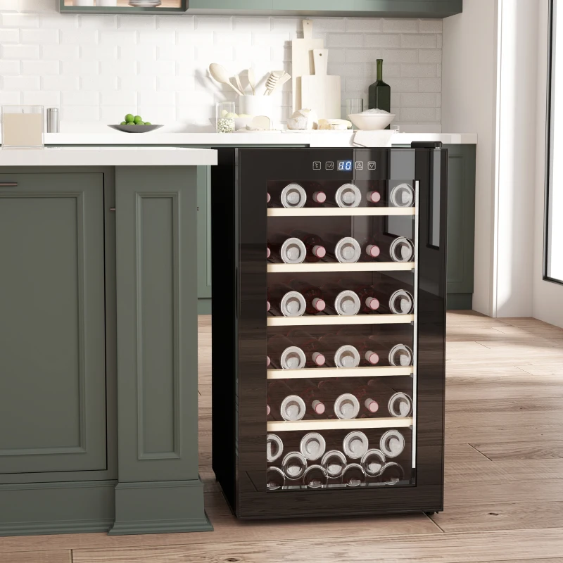 HOMCOM 41 Bottle Wine Fridge, 91 Litre Capacity, 45cm Freestanding Wine Cooler Fridge with Glass Door, LED Light, Digital Touch Screen, Temperature Control, Black