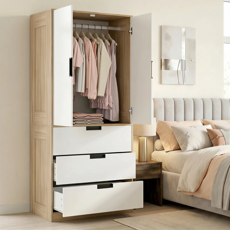HOMCOM Modern Clothes Storage Cupboard Unit, 3 Drawer 2 Door Wardrobe with Hanging Rod, Oak