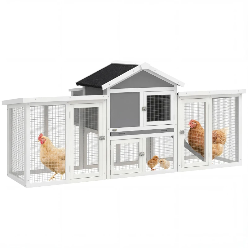 PawHut Poulailler clapier modèle chalet multi-équipé : rampes, nichoirs, plateau, en bois massif 204 x 85 x 93 cm gris