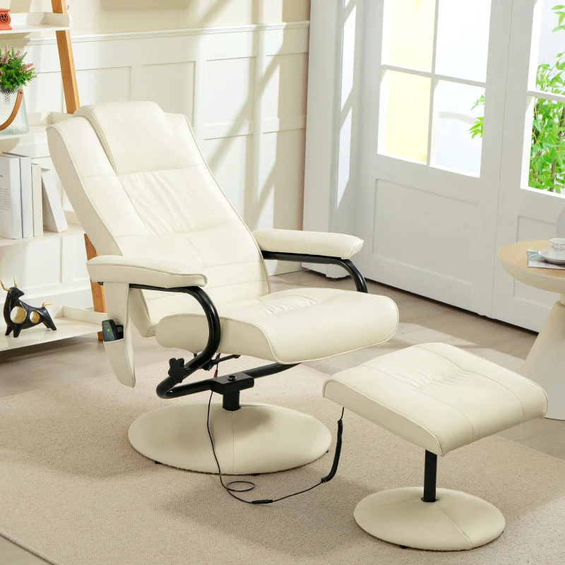 HOMCOM Swivel Recliner Chair and Footstool, Faux Leather Massage Recliner Armchair with Remote Control and Round Wrapped Base, Cream White