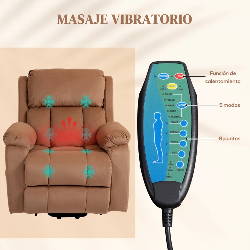 HOMCOM Sillón Relax Reclinable Eléctrico Levanta Personas con Masaje Vibratorio y Calor Control Remoto Reposapiés Marrón