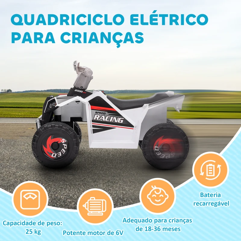 HOMCOM Quadriciclo Elétrico para Crianças Veículo Elétrico a Bateria de 6V com Velocidade de 2,5 km/h 70x41,5x48,5 cm Branco