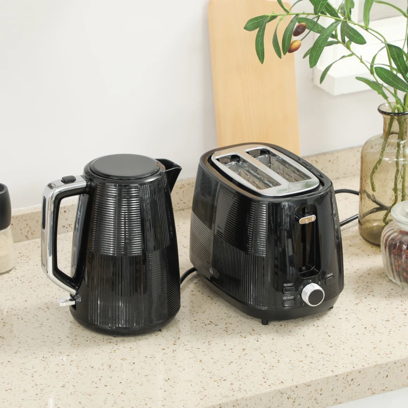 HOMCOM Kettle and Toaster Set, 1.7L 3000W Fast Boil Kettle & 2 Slice Toaster Kitchen Set with 7 Level Browning Controls, Defrost, Reheat, Boil-dry Protection, Black