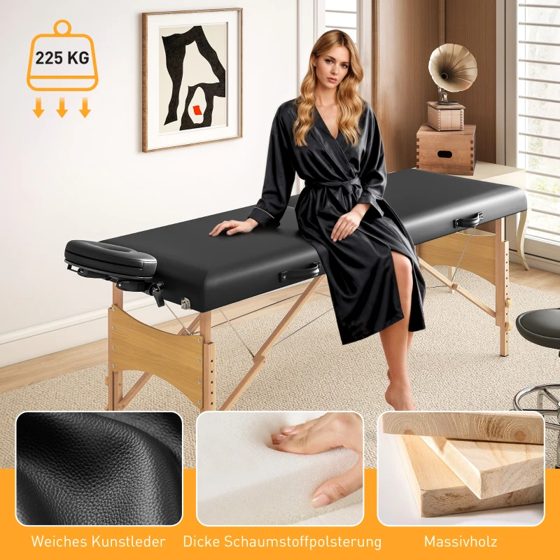 HOMCOM In hoogte verstelbare massagetafel met houten frame, inklapbaar massagebed, schuimvulling, zwart