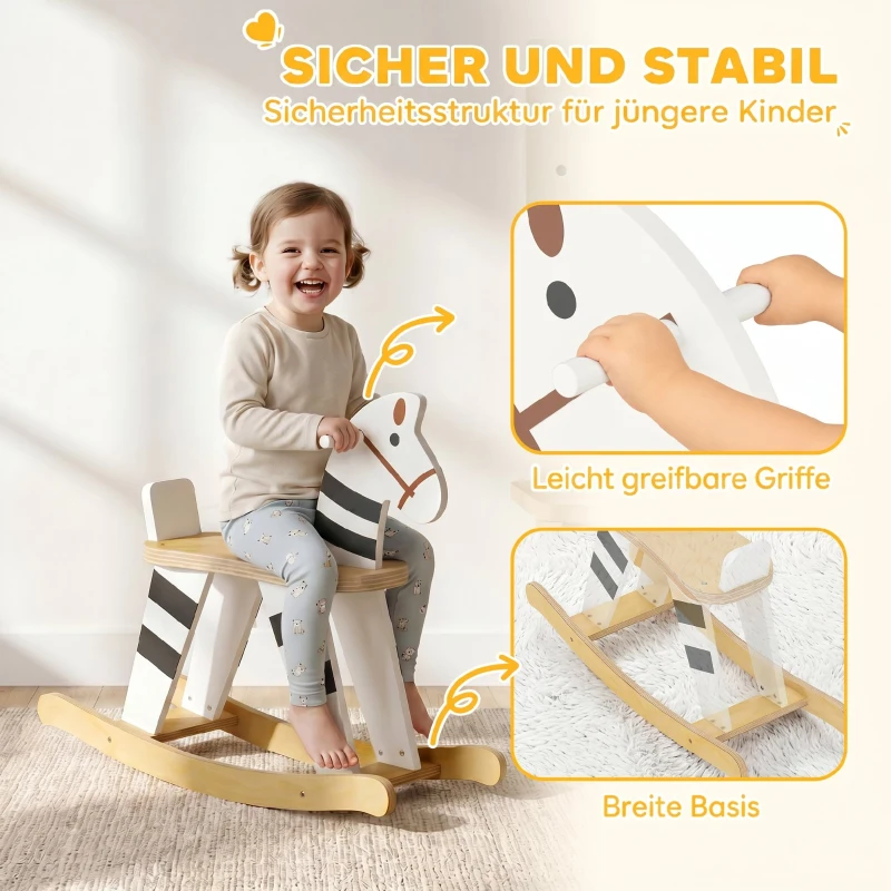 AIYAPLAY Schaukelpferd, Kinder Schaukeltier mit Haltegriffen Rückenlehne im Ponyform  für Kinder von 1,5–3 Jahren Schwarz+Weiß