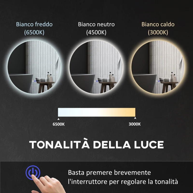 kleankin Specchio Bagno con Luci LED Regolabili, Interruttori Touch e Design Antiappannamento, Ø80 cm