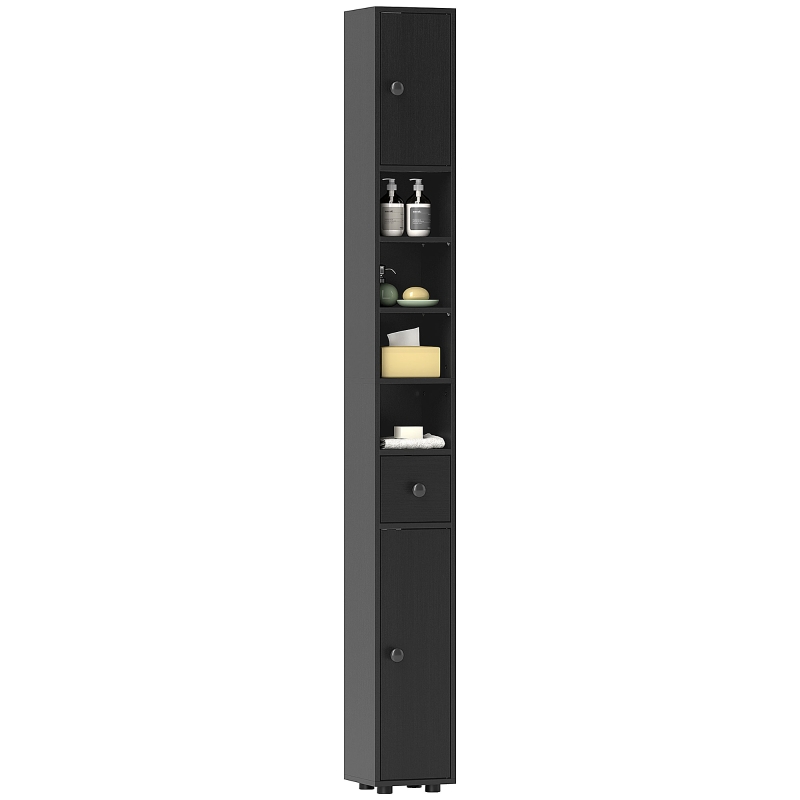 kleankin Colonne de rangement armoire haute pour salle de bain 1 tiroir 4 étagères réglables et 2 placards 20 x 20 x 180 cm noir