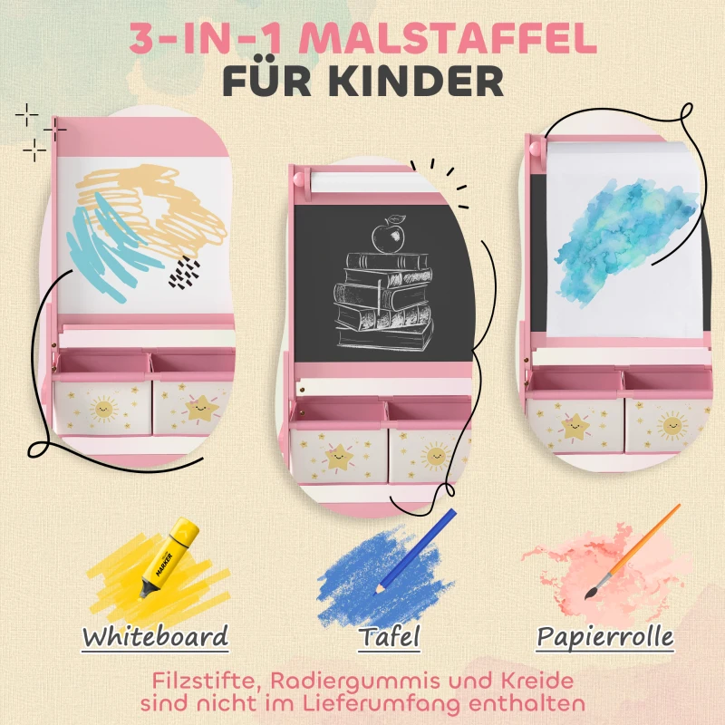 AIYAPLAY Kinder Ezel 3-in-1 Kindertafel met Krijtbord, Whiteboard, Papierrol en 2 Opbergmanden, voor 3-8 Jaar, Roze