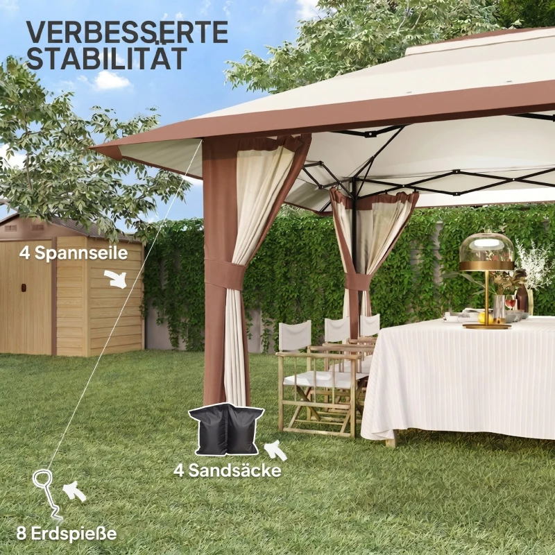 Outsunny 4 x 4 m Garten-Pavillon, Gartenzelt mit Netzwänden, UPF50+ Schutz, Höhenverstellbares Partyzelt, Beige
