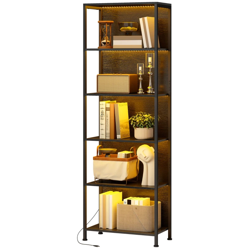 HOMCOM Librería de 5 Niveles con Luces LED de 7 Colores Estantería para Libros 60x30x179 cm Estantería Industrial Negro