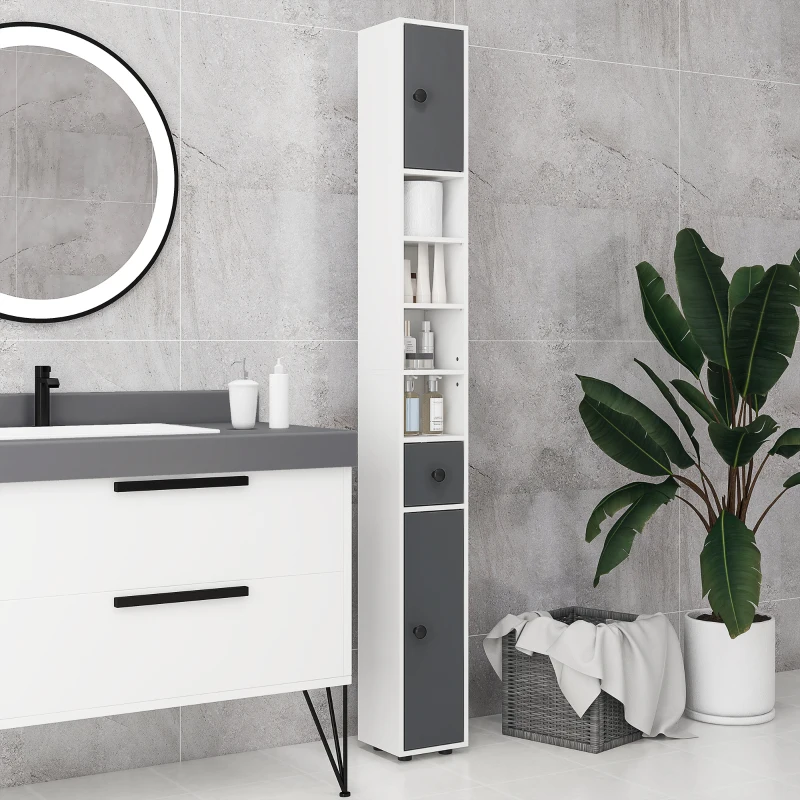 kleankin Columna de Baño con 1 Cajón 5 Estantes y 2 Puertas para Salón Dormitorio Carga 30 kg 20x20x180 cm Gris