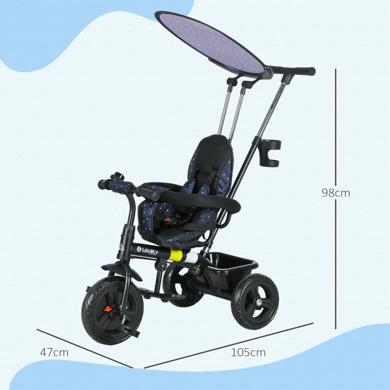 HOMCOM 6-in-1 Kinderdreirad mit Schiebestange, Dach, Gurt, Ablagekorb, für 1-5 Jahre, Dunkelblau