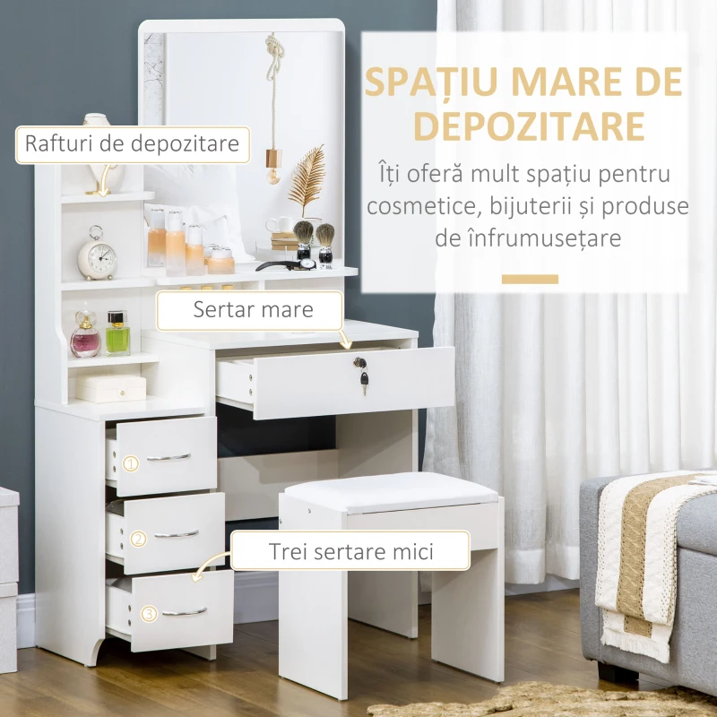 HOMCOM Toaletă de machiaj cu oglindă, masă de machiaj, scaun, 4 sertare și 4 rafturi, alb