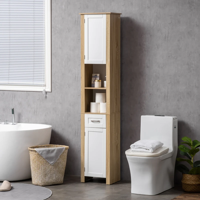 kleankin Mobile Bagno Alto in Truciolato con un Cassetto, 2 Armadietti e 2 Ripiani Aperti Regolabili, 37x30x184 cm