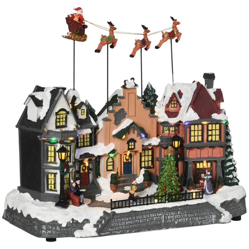HOMCOM Pueblo Navideño Escena Navideña con Luces Papá Noel y Renos Móvil Decoración de Navidad 38,5x20,5x33cm Multicolor