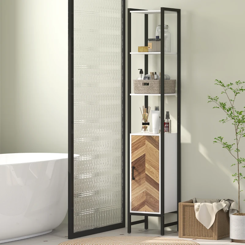 HOMCOM Armario Alto de Baño con 3 Estantes Abiertos 1 Puerta y Estante Ajustable Anti-vuelco 30x30x170 cm Blanco y Nogal