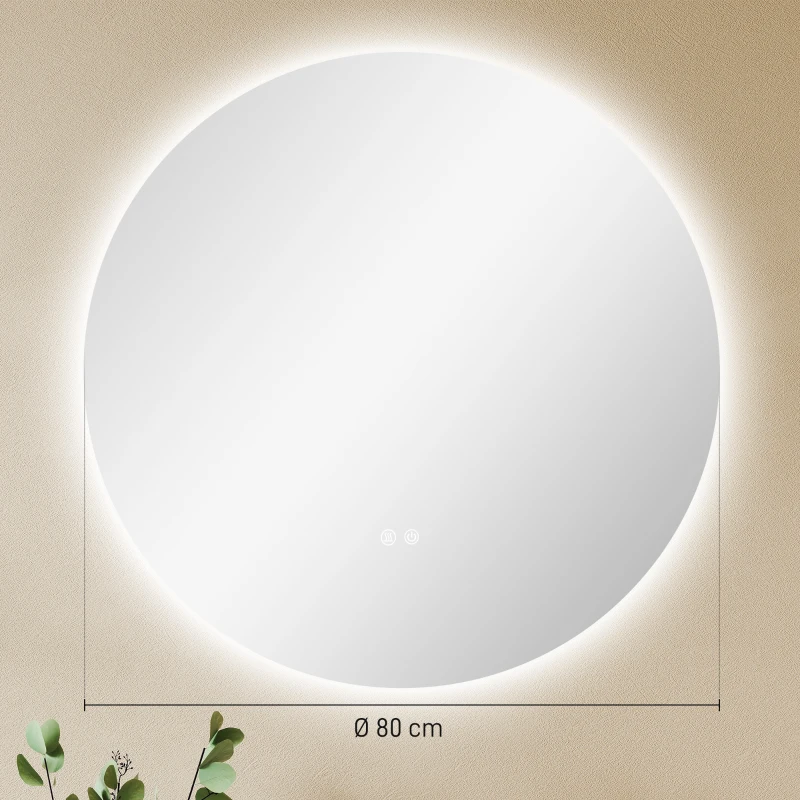kleankin Specchio Bagno con Luci LED Regolabili, Interruttori Touch e Design Antiappannamento, Ø80 cm