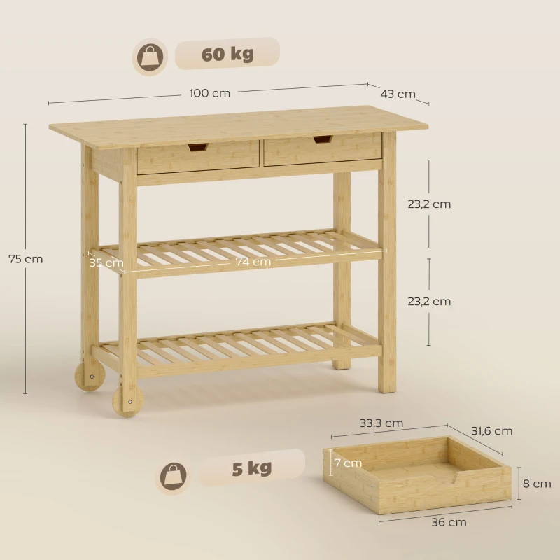 HOMCOM Carrello Cucina in Legno di Bambù con 2 Cassetti, 2 Ripiani a Doghe e 2 Rotelle, 100x43x75 cm, Legno