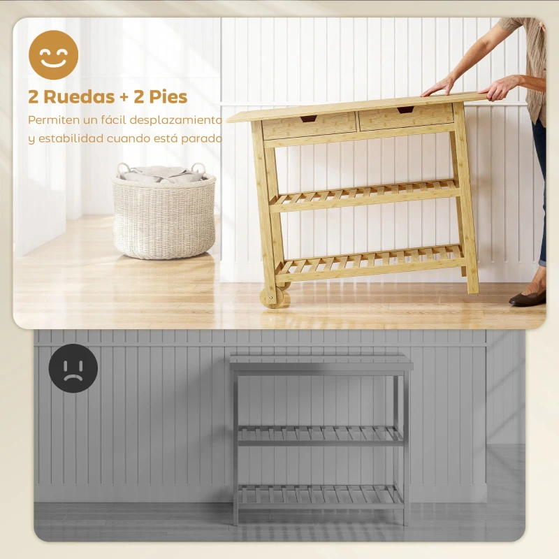HOMCOM Carrito Auxiliar con Ruedas de Bambú Carro de Servicio con 2 Cajones 2 Estantes de Listones 100x43x75 cm Natural