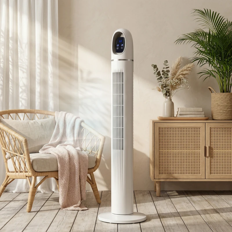 HOMCOM Ventilador de Torre con Control Remoto 3 Velocidades 3 Modos Temporizador 24H Oscilación 70° Pantalla LED Blanco