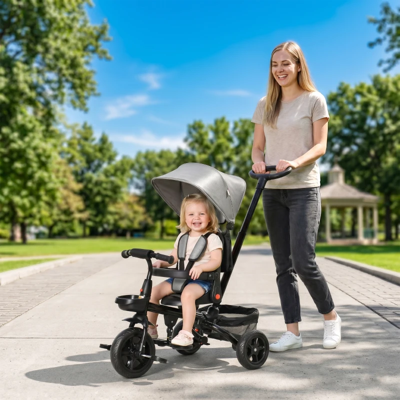 HOMCOM Dreirad mit Schubstange drehbarer Sitz 4-in-1 Kinderdreirad Kinder Fahrrad klappbar abnehmbar Kinderauto Metall EVA Grau 111,5 x 52 x 98 cm