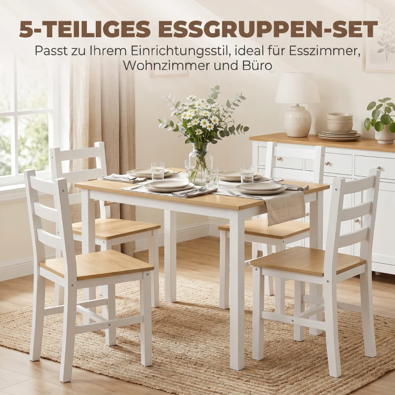 HOMCOM 5-teiliges Essgruppe für 4 Personen, Landhaus-Esstisch und Stühle aus Massivholz, Natur/Weiß