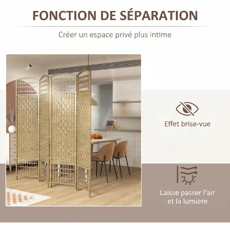 HOMCOM Paravent intérieur en bois séparateur de pièce cloison pliable 4 panneaux 160 x 170 cm bois naturel