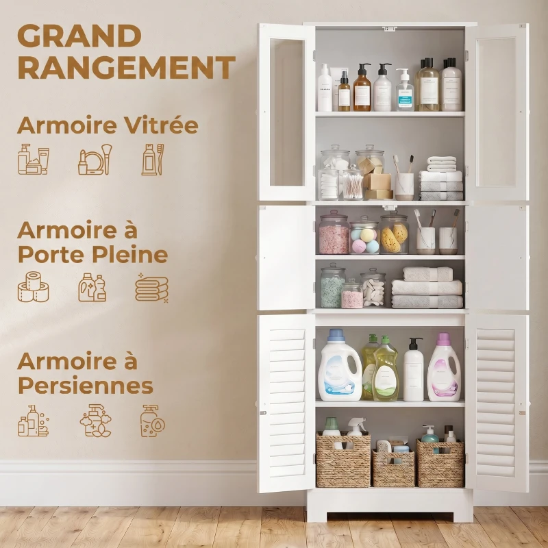 HOMCOM Meuble de salle de bain haut, meuble de rangement avec 6 portes dont 2 vitrées et 2 persiennes, étagère réglable, blanc